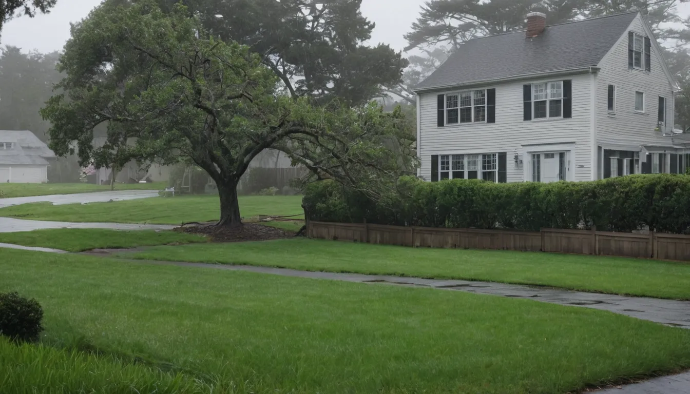 Large tree limb fallen across a backyard fence after a storm near Beverly