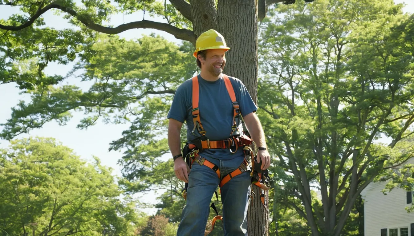 A local tree removal provider guiding a large limb down in a residential yard in Beverly