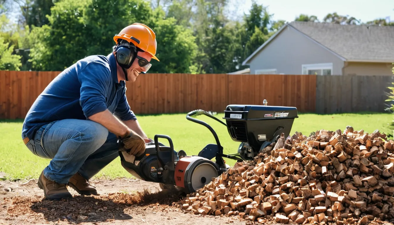 Stump grinding in a narrow side yard near an older home in Beverly