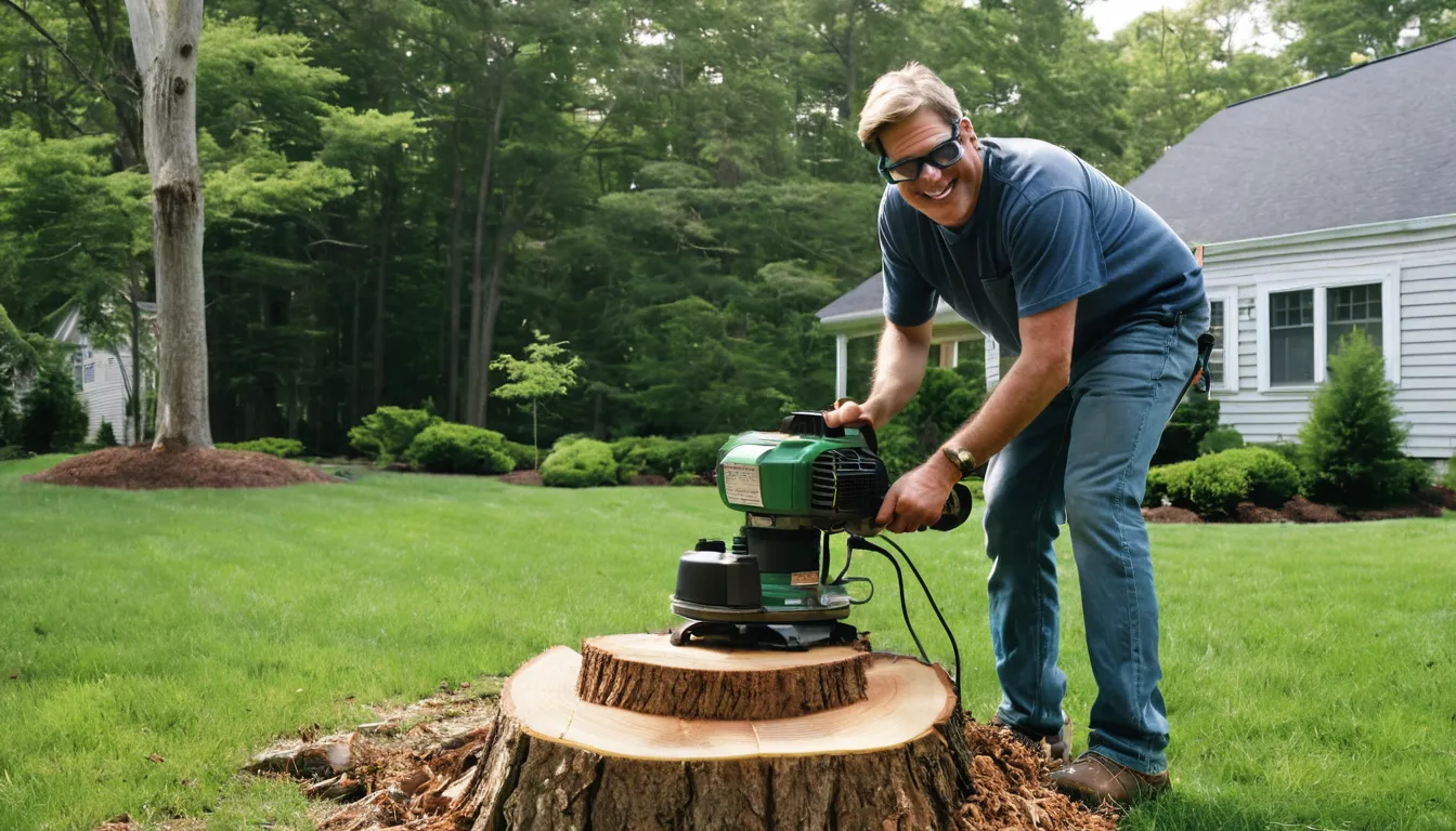 A local provider grinding a tree stump in a Beverly backyard while the homeowner watches from a safe distance